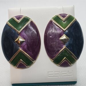 Vintage Purple, Blue, Green, & Gold Oval Earrings
